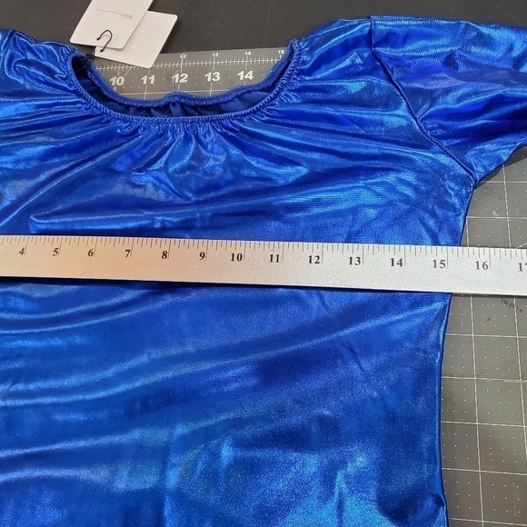 New Metallic Blue Bright Satin Stretch Fit Flare Dress Size Medium - Picture 8 of 10